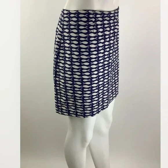 Garnet Hill Sz 12 Fish Print Mini Pencil Skirt Blue 100% Cotton Casual - Picture 2 of 6